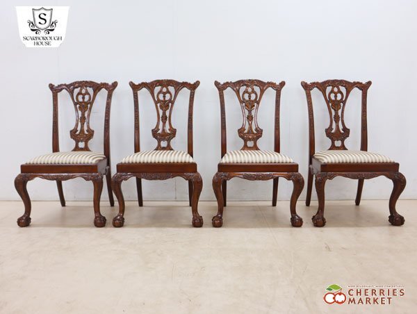◆Scarborough House◆ スカボローハウス IDC大塚家具 ダイニングチェア/アームレスチェア チッペンデール様式 彫刻 4脚セット 80万_画像1