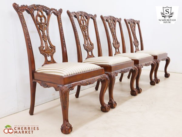 ◆Scarborough House◆ スカボローハウス IDC大塚家具 ダイニングチェア/アームレスチェア チッペンデール様式 彫刻 4脚セット 80万_画像3
