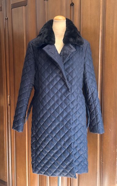 SCAPA スキャパ★地模様キルティング内綿・ベルト付き・ファー襟・ロング・コート・ネイビー・38/M★美品_画像2