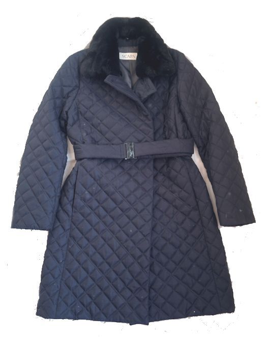 SCAPA スキャパ★地模様キルティング内綿・ベルト付き・ファー襟・ロング・コート・ネイビー・38/M★美品_画像5