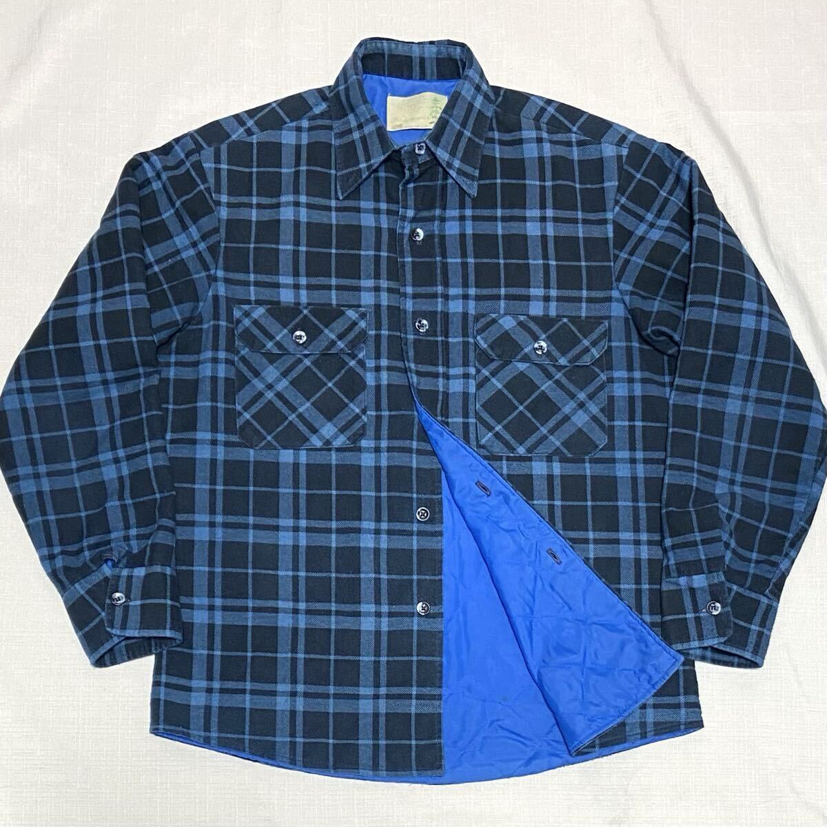 70s ビンテージ SEARS 黒 青 チェック キルティング 中綿 ネルシャツ M USA製 ブラック プリントネル 70年代 シアーズ Fieldmaster 古着_画像1