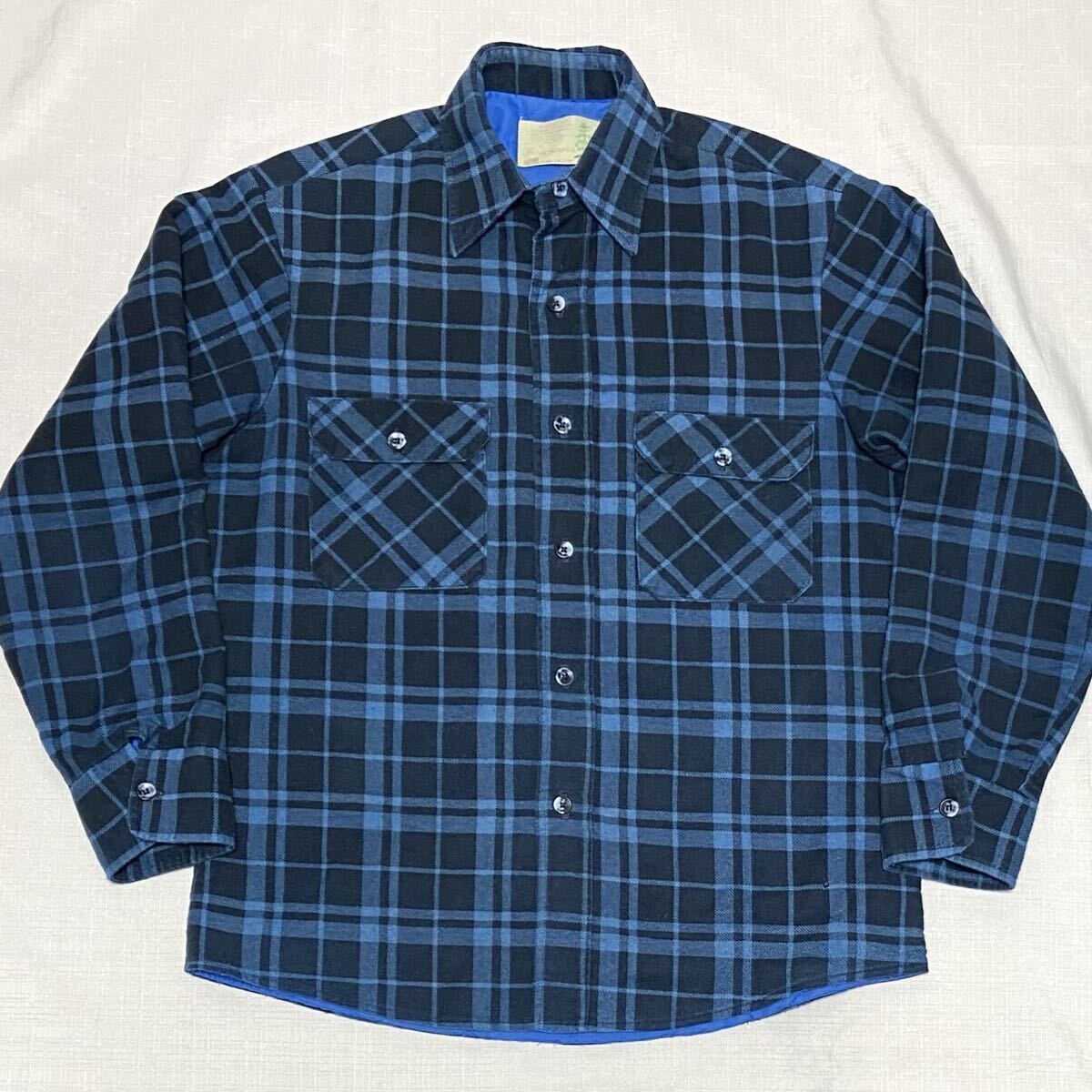 70s ビンテージ SEARS 黒 青 チェック キルティング 中綿 ネルシャツ M USA製 ブラック プリントネル 70年代 シアーズ Fieldmaster 古着_画像2