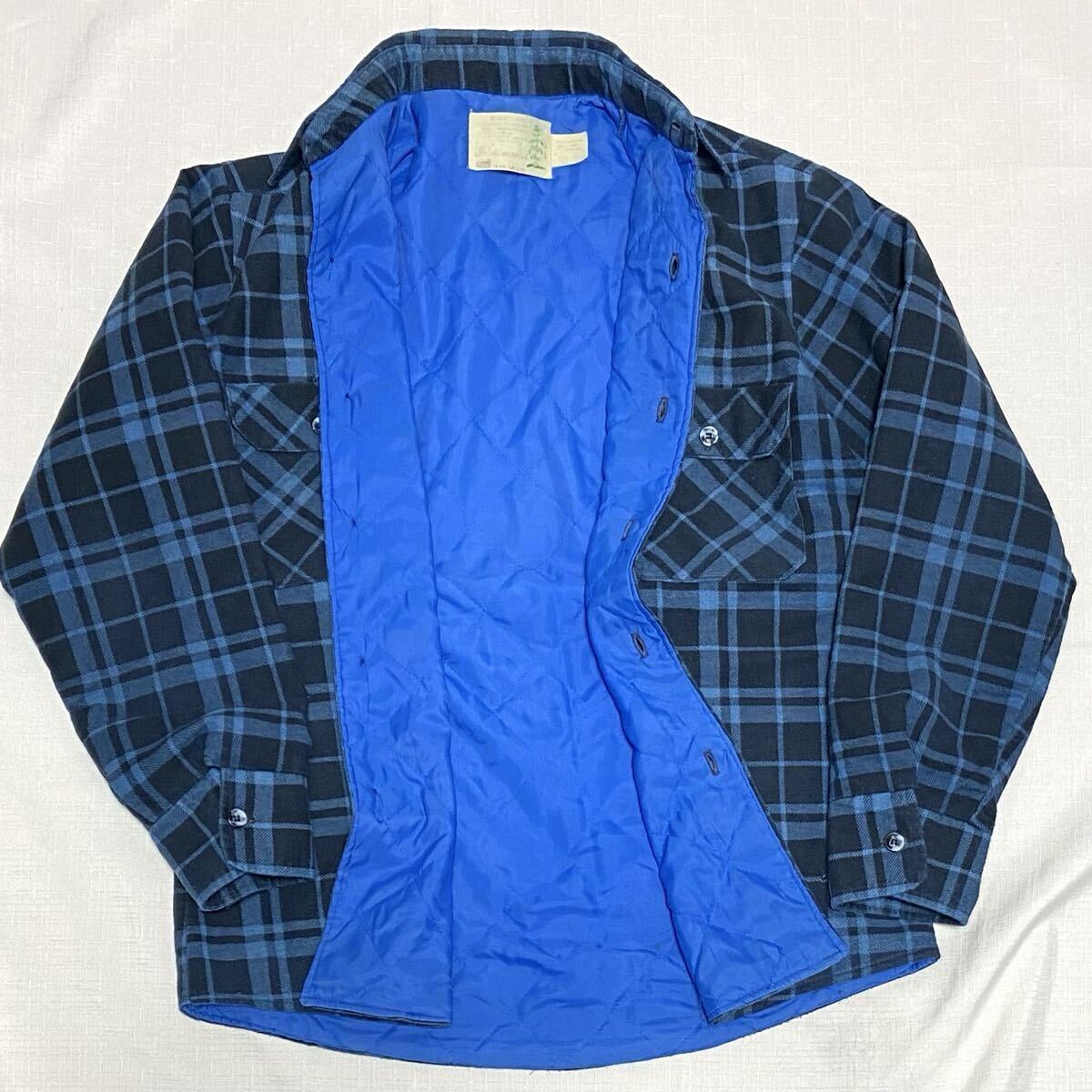 70s ビンテージ SEARS 黒 青 チェック キルティング 中綿 ネルシャツ M USA製 ブラック プリントネル 70年代 シアーズ Fieldmaster 古着_画像3