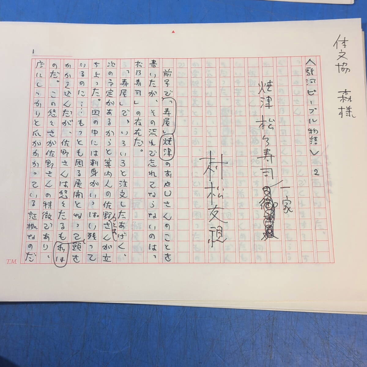 村松友視肉筆原稿3篇15枚完 駿河ピープル物語『焼津・寿屋のおやじさん』『松乃寿司一家』『今年竹のおかみさん』体文協《真作》kankando _画像5