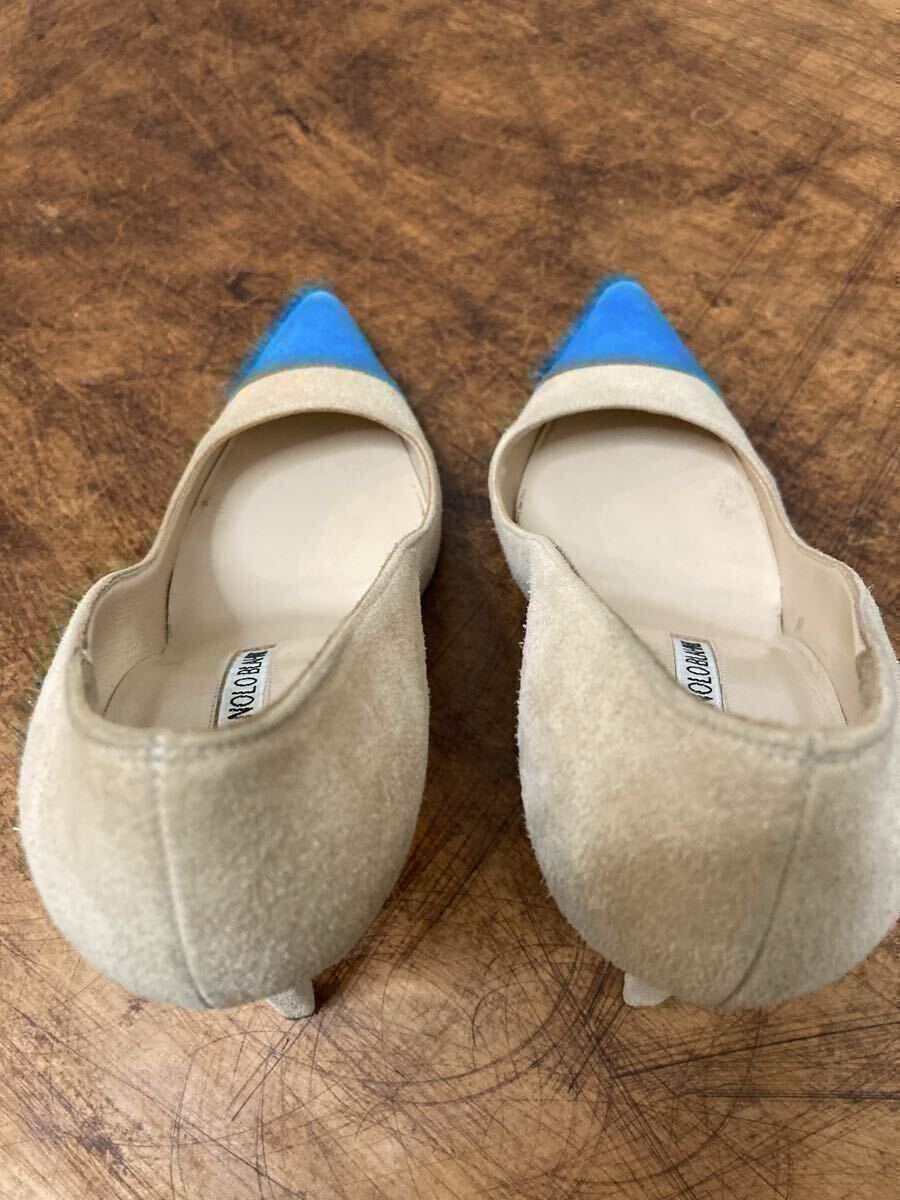 MANOLO BLAHNIK マノロブラニク 35 ポインテッドトゥパンプス スエードレザー 靴 ベージュ×ブルー_画像3