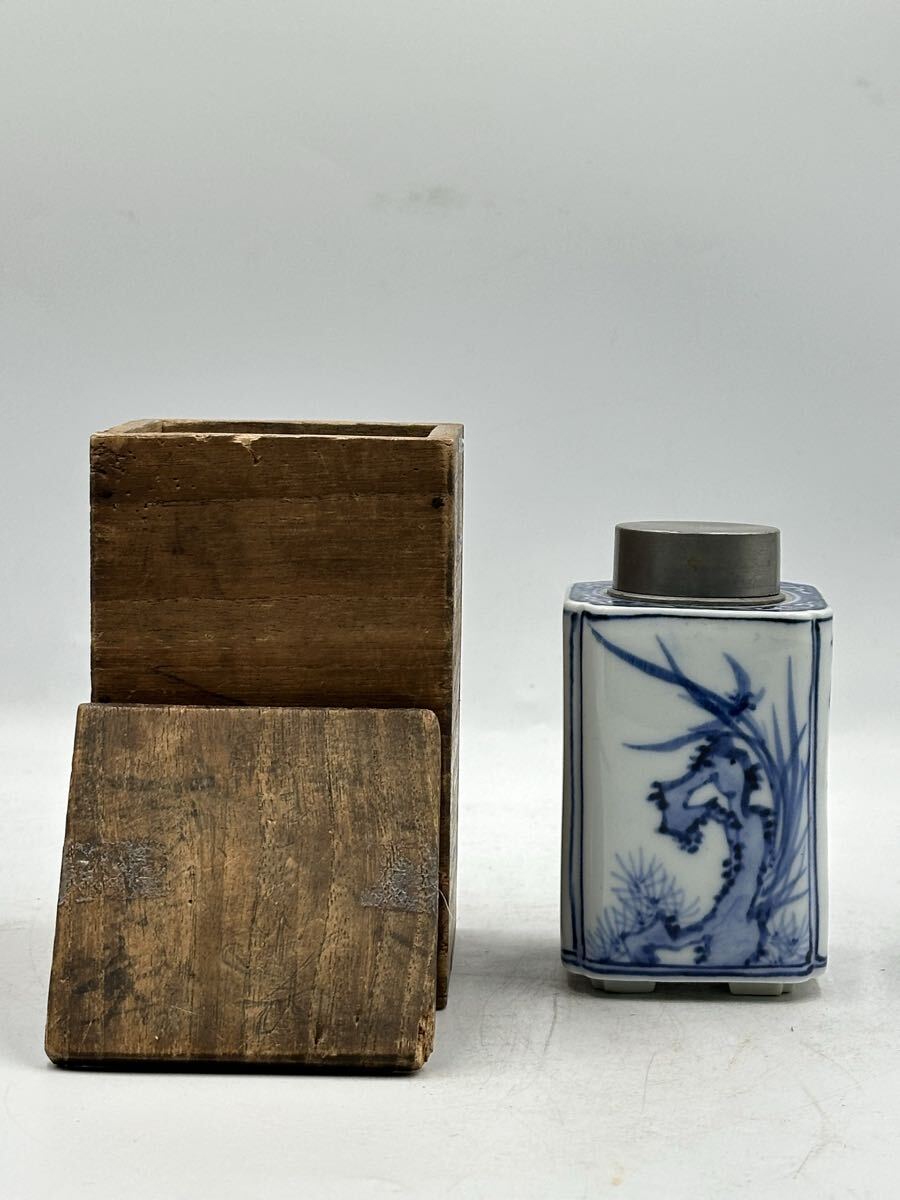 染付茶壺 茶入 茶道具 錫茶罐 茶道具 茶器 煎茶器 煎茶道具 在銘 中國古美術 時代物 唐物 箱付_画像1