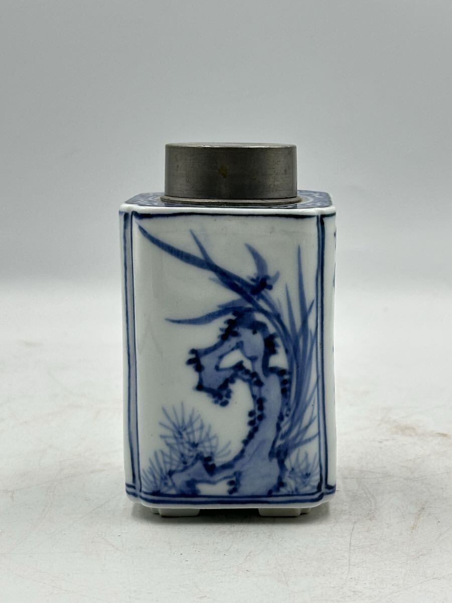 染付茶壺 茶入 茶道具 錫茶罐 茶道具 茶器 煎茶器 煎茶道具 在銘 中國古美術 時代物 唐物 箱付_画像2