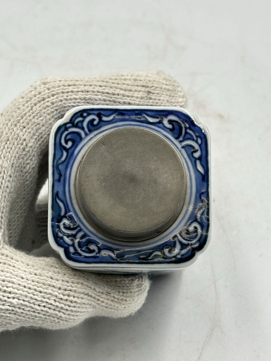 染付茶壺 茶入 茶道具 錫茶罐 茶道具 茶器 煎茶器 煎茶道具 在銘 中國古美術 時代物 唐物 箱付_画像6