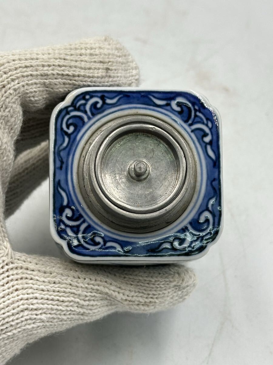 染付茶壺 茶入 茶道具 錫茶罐 茶道具 茶器 煎茶器 煎茶道具 在銘 中國古美術 時代物 唐物 箱付_画像8