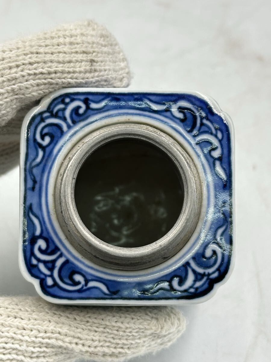 染付茶壺 茶入 茶道具 錫茶罐 茶道具 茶器 煎茶器 煎茶道具 在銘 中國古美術 時代物 唐物 箱付_画像9