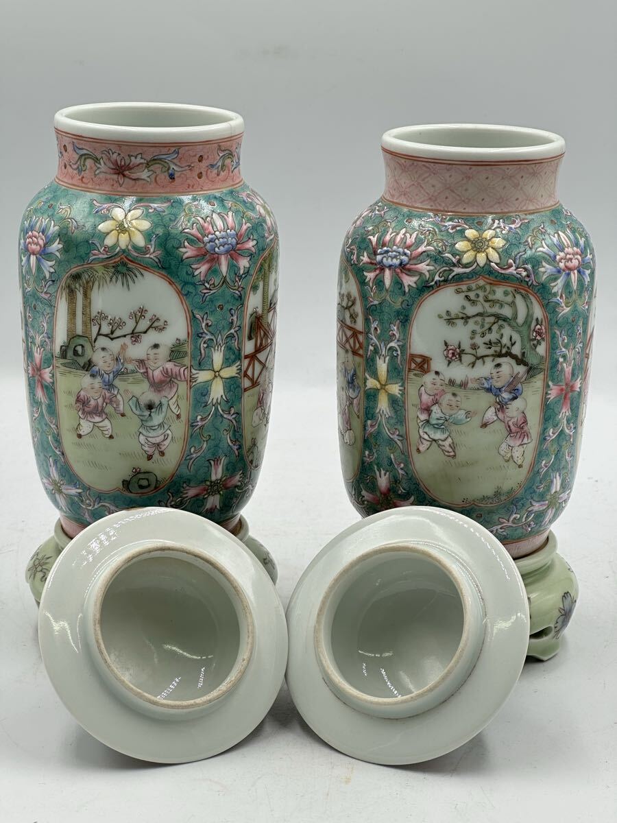 清乾隆色絵花瓶一對 箱付 古賞物 置物 時代物 古美術 古陶磁器 中國古美術 乾隆年製 清時代_画像4