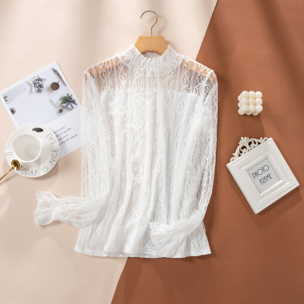 ☆ ホワイト ☆ Mサイズ ☆ カットソー lysh2 シースルー カットソー レディース 長袖 シャツ 薄手 メッシュ レース シアー シアータートル_画像1