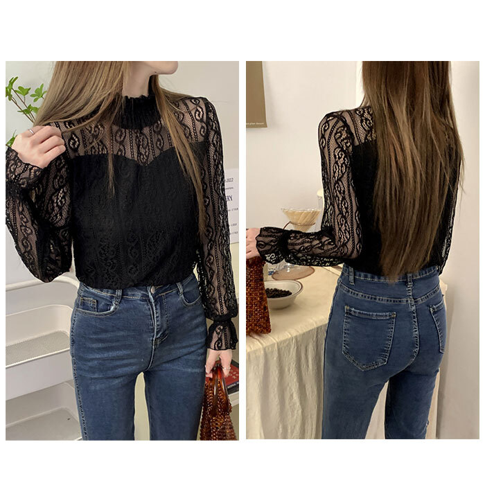 ☆ ブラック ☆ Mサイズ ☆ カットソー lysh2 シースルー カットソー レディース 長袖 シャツ 薄手 メッシュ レース シアー シアータートル_画像7