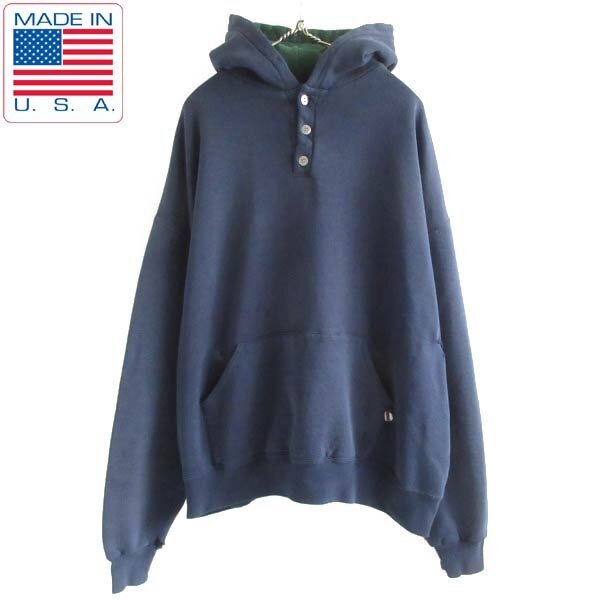 90s USA製 ラッセル ヘンリーネック ツートン パーカー XXL 紺系 ダメージ スウェット フーディ アメリカ製 ビンテージD149-13-0020ZVW_画像1