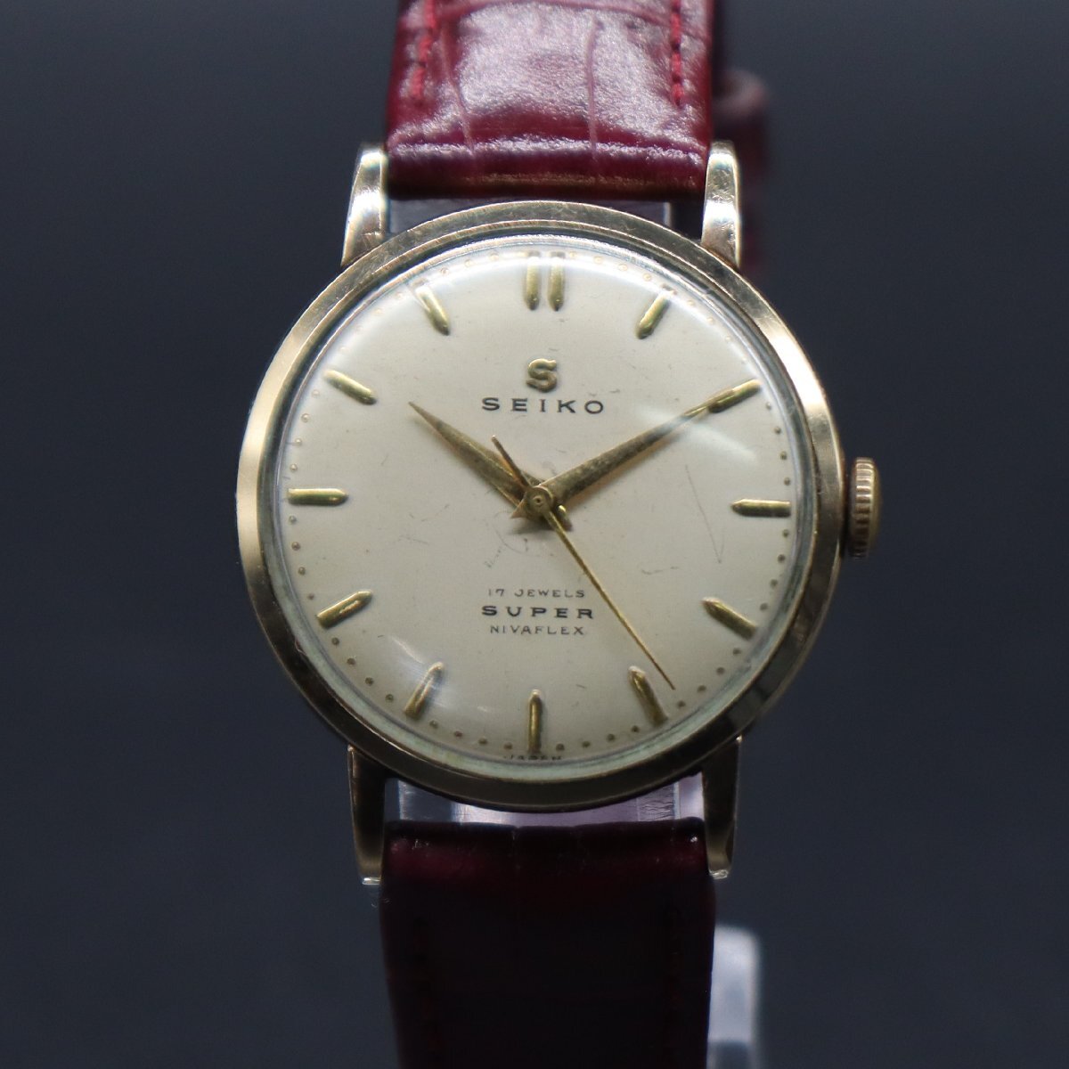 SEIKO SUPER セイコー スーパー 17石 手巻き ゴールドカラー 蛇Sマーク３針 ジャンク 1950年代 BAMBI社製ベルト アンティーク メンズ腕時計_画像2