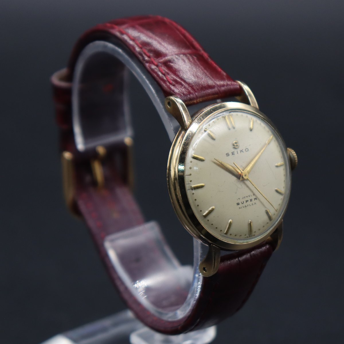 SEIKO SUPER セイコー スーパー 17石 手巻き ゴールドカラー 蛇Sマーク３針 ジャンク 1950年代 BAMBI社製ベルト アンティーク メンズ腕時計_画像4