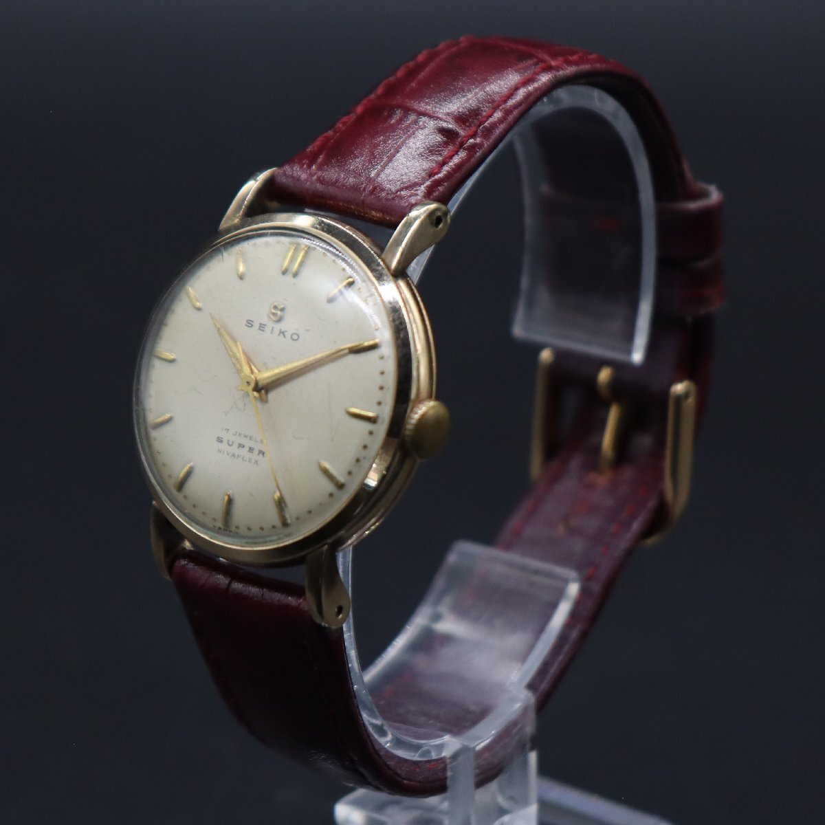 SEIKO SUPER セイコー スーパー 17石 手巻き ゴールドカラー 蛇Sマーク３針 ジャンク 1950年代 BAMBI社製ベルト アンティーク メンズ腕時計_画像3