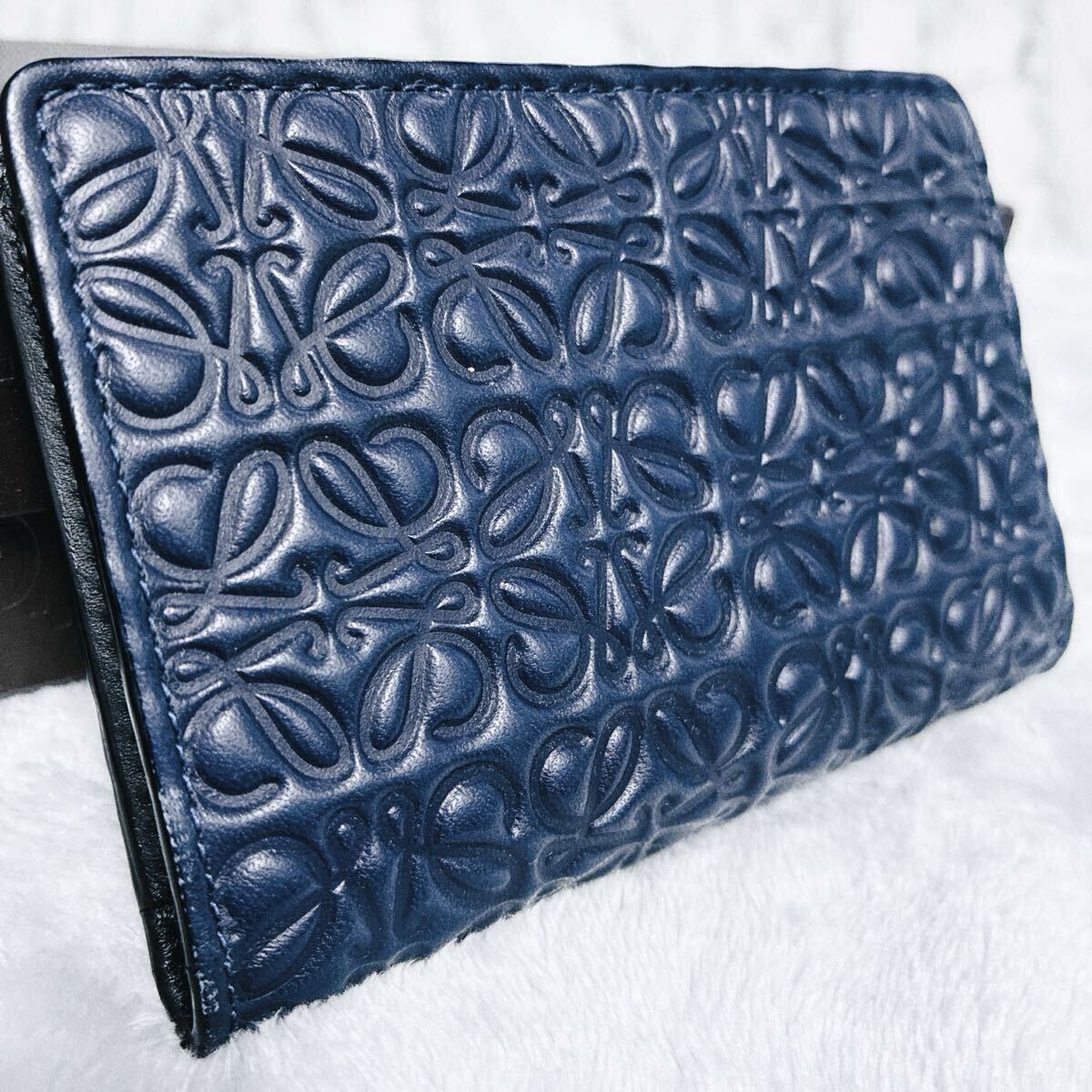 極美品!!ロエベ LOEWE リピートアナグラム ラウンドファスナー L字ファスナー レザー ネイビー 財布 小銭入れ_画像1