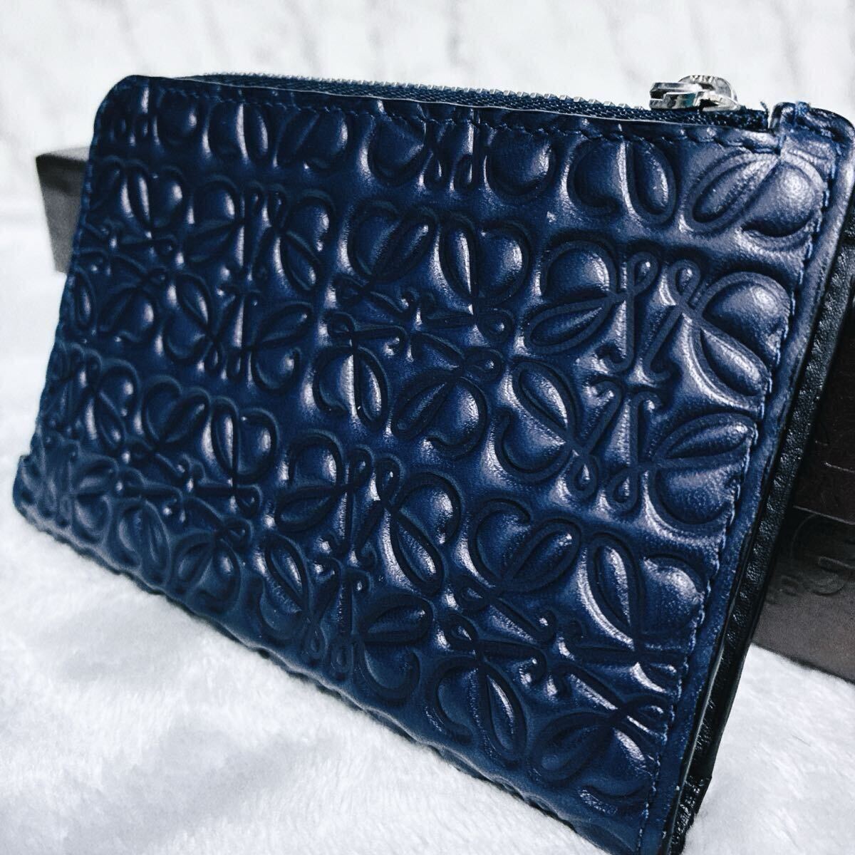 極美品!!ロエベ LOEWE リピートアナグラム ラウンドファスナー L字ファスナー レザー ネイビー 財布 小銭入れ_画像3