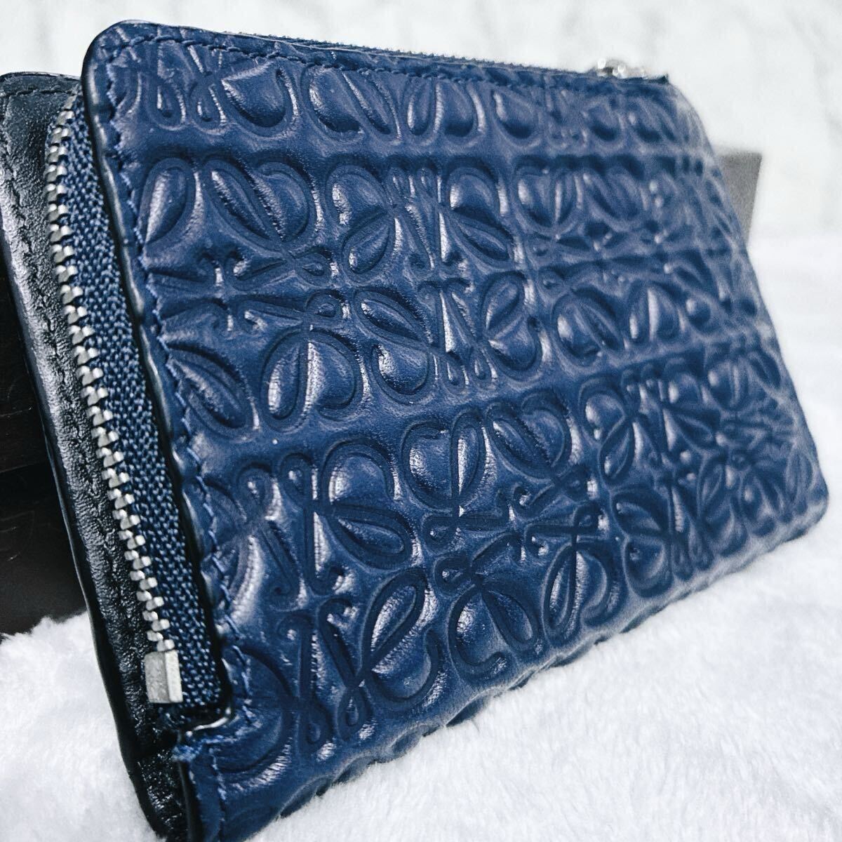 極美品!!ロエベ LOEWE リピートアナグラム ラウンドファスナー L字ファスナー レザー ネイビー 財布 小銭入れ_画像4