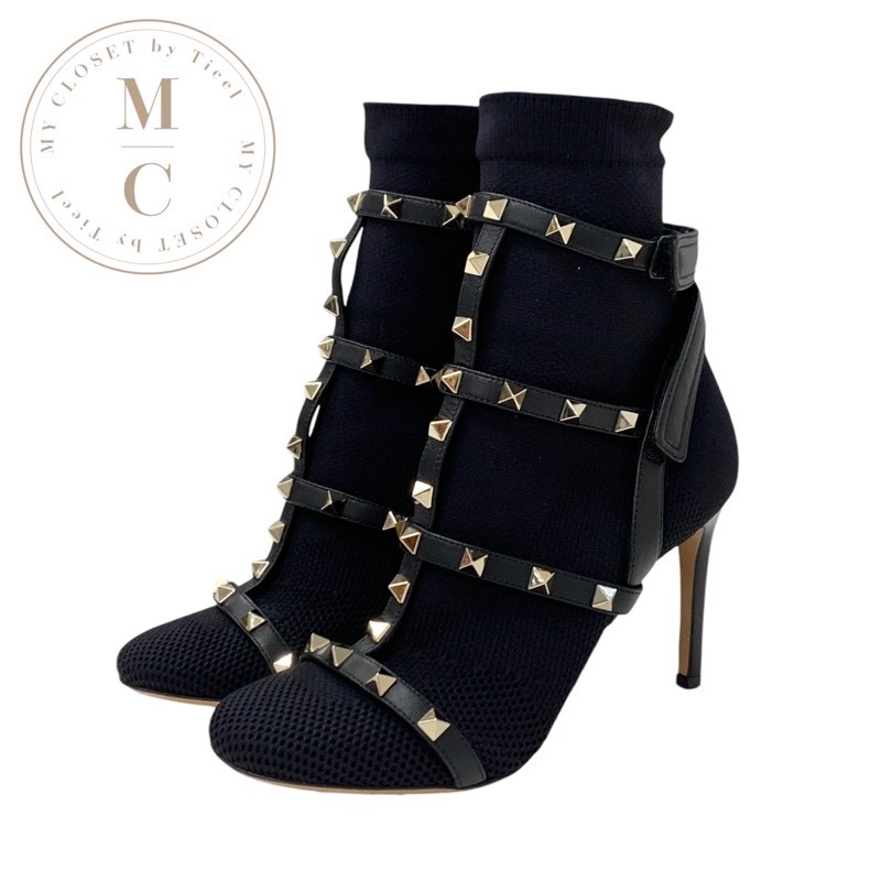 ヴァレンティノ VALENTINO ブーツ ショートブーツ 靴 シューズ ファブリック レザー ブラック 黒 ゴールド ロックスタッズ ニット_画像1