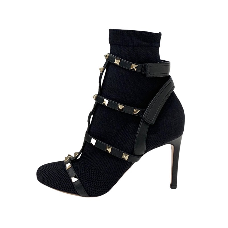 ヴァレンティノ VALENTINO ブーツ ショートブーツ 靴 シューズ ファブリック レザー ブラック 黒 ゴールド ロックスタッズ ニット_画像3