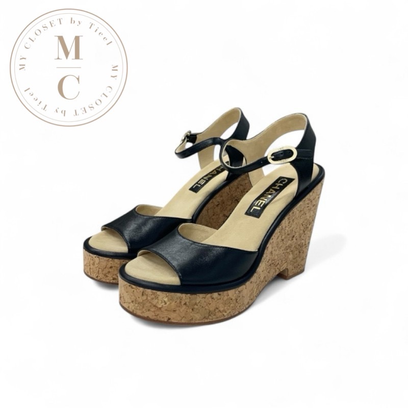 シャネル CHANEL サンダル 靴 シューズ レザー コルク ブラック ブラウン ココマーク ウェッジソール ストラップ_画像1