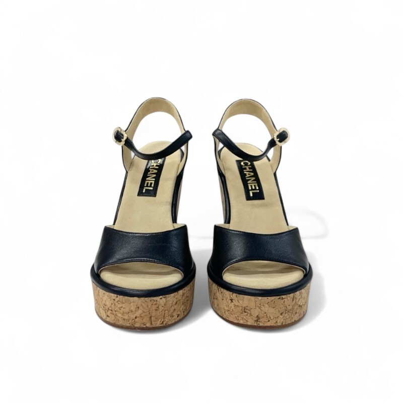 シャネル CHANEL サンダル 靴 シューズ レザー コルク ブラック ブラウン ココマーク ウェッジソール ストラップ_画像2
