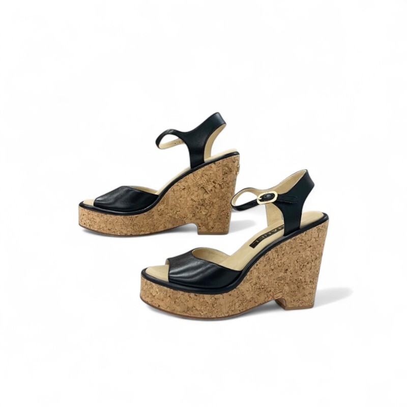 シャネル CHANEL サンダル 靴 シューズ レザー コルク ブラック ブラウン ココマーク ウェッジソール ストラップ_画像3