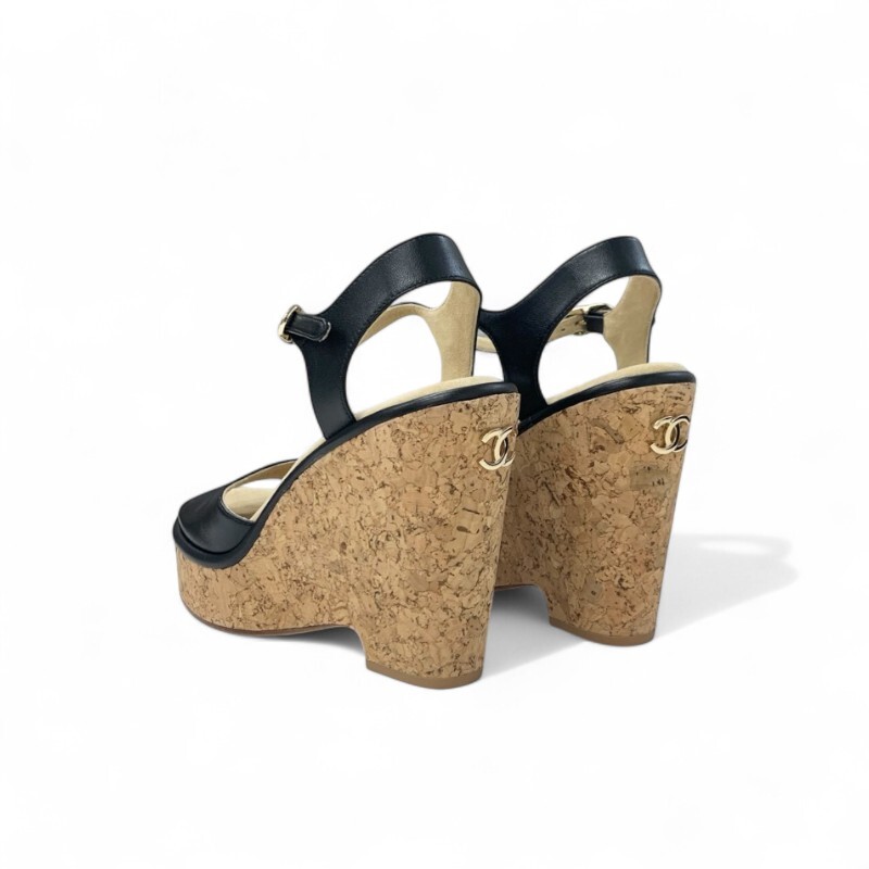 シャネル CHANEL サンダル 靴 シューズ レザー コルク ブラック ブラウン ココマーク ウェッジソール ストラップ_画像4