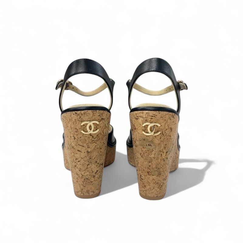 シャネル CHANEL サンダル 靴 シューズ レザー コルク ブラック ブラウン ココマーク ウェッジソール ストラップ_画像5
