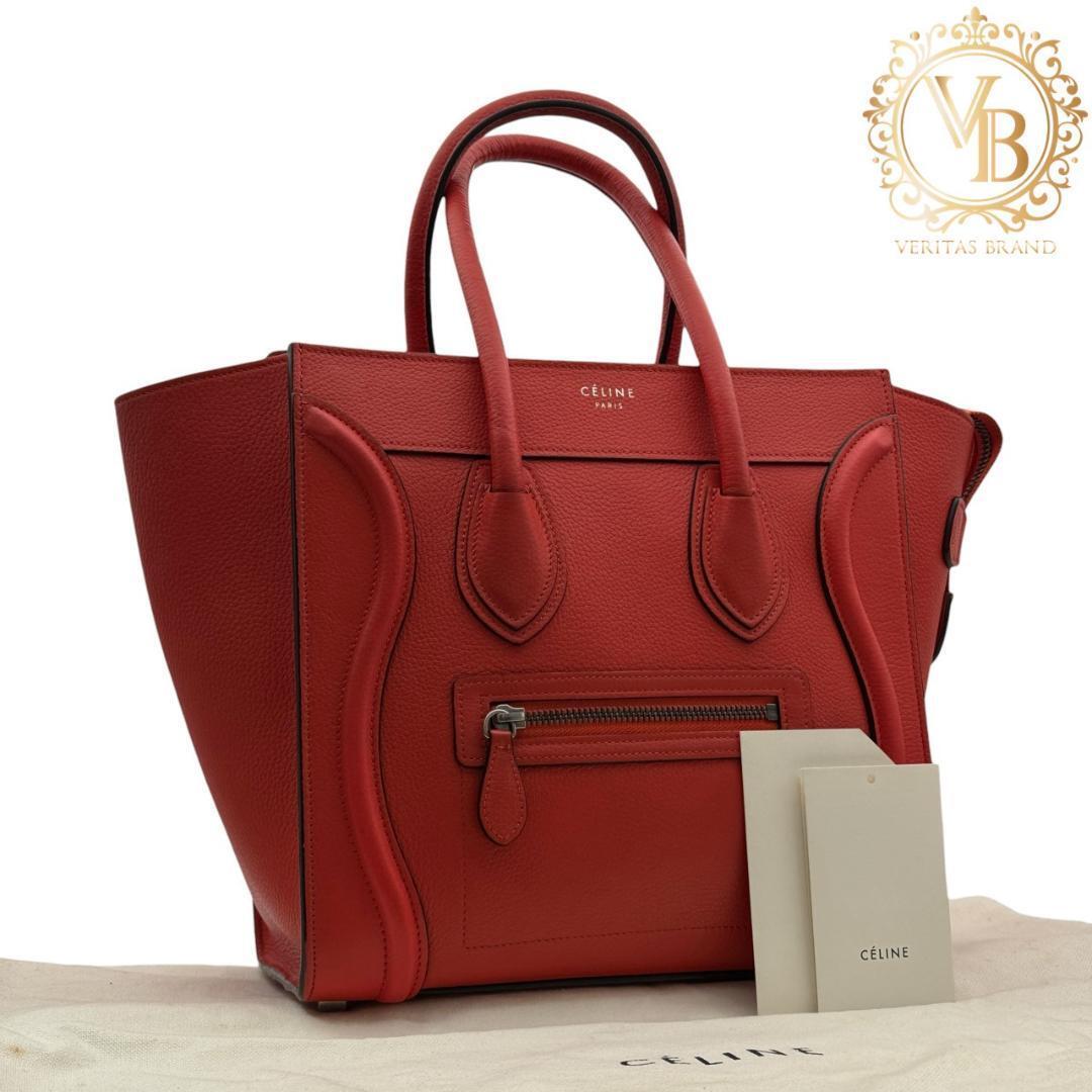 【未使用に近い】CELINE セリーヌ ラゲージ マイクロショッパー ハンドバッグ トートバッグ ドラムドカーフスキン レザー 赤_画像1