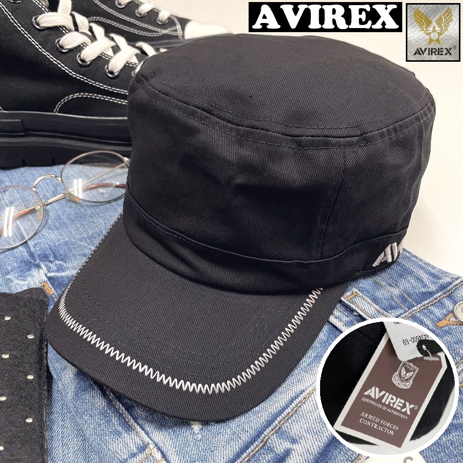 AVIREX ブラック ワークキャップ シルバー刺繍 スポーツ ゴルフ バイク ミリタリー キャンプアウトドア 帽子 アビレックス アヴィレックス_画像1