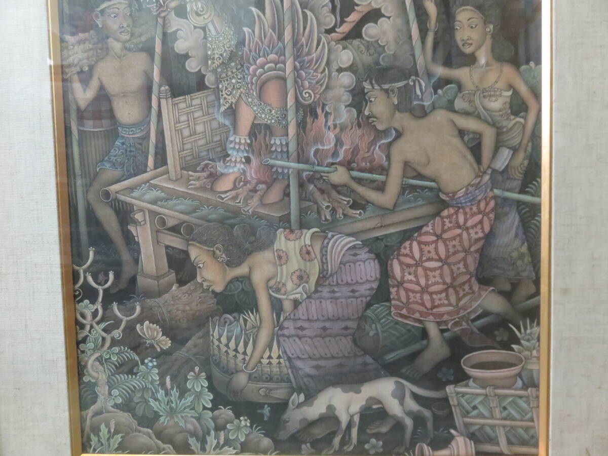 ■インドネシア　バリアート　「バリ　絵画」　ウブドの森　布地キャンバス　額装_画像4