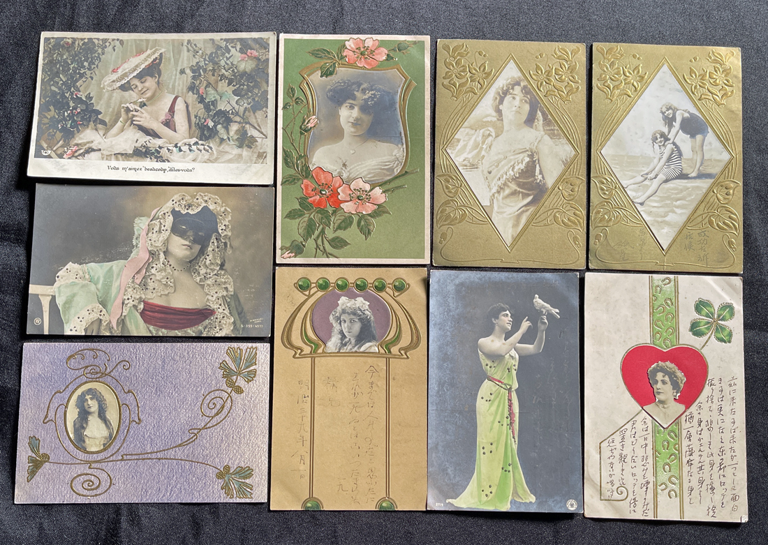 ◆アンティークポストカード29◆女性モチーフ9枚 アールヌーボー/リアルフォト/古写真 明治期外国製絵葉書 美術・アート・デザインの画像1
