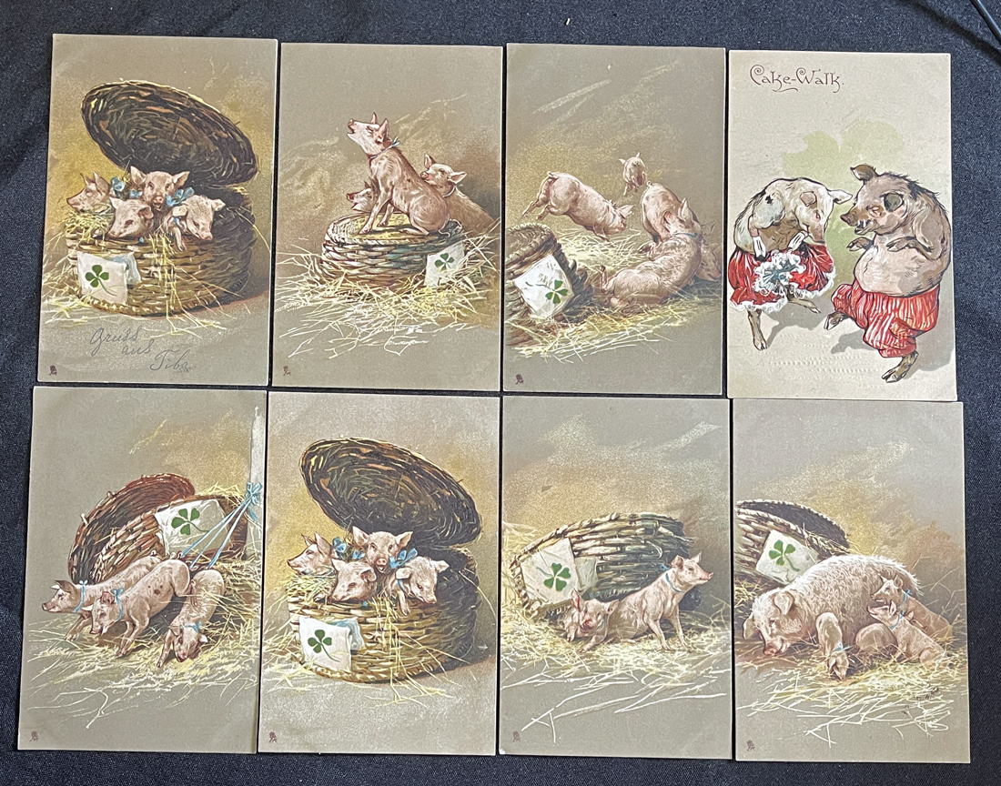 ◆アンティークポストカード22◆動物モチーフ・豚8枚 エンボス/Raphael Tuck&Sons社製他 明治期外国製絵葉書 美術・アートの画像1