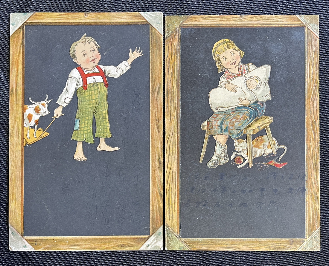 ◆アンティークポストカード4◆少年少女・赤ちゃん・猫2枚 エンボス 美術・アート/絵本 明治期外国製絵葉書 エンタイアの画像1