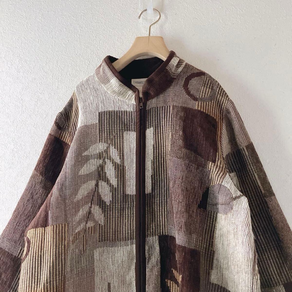 ヴィンテージ ゴブラン ジャケット XL相当 ジップアップ 幾何学 アート柄 ブラウン系 羽織り　ゆったり_画像3