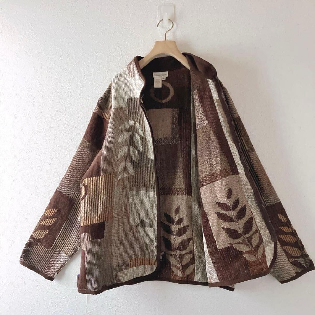 ヴィンテージ ゴブラン ジャケット XL相当 ジップアップ 幾何学 アート柄 ブラウン系 羽織り　ゆったり_画像5