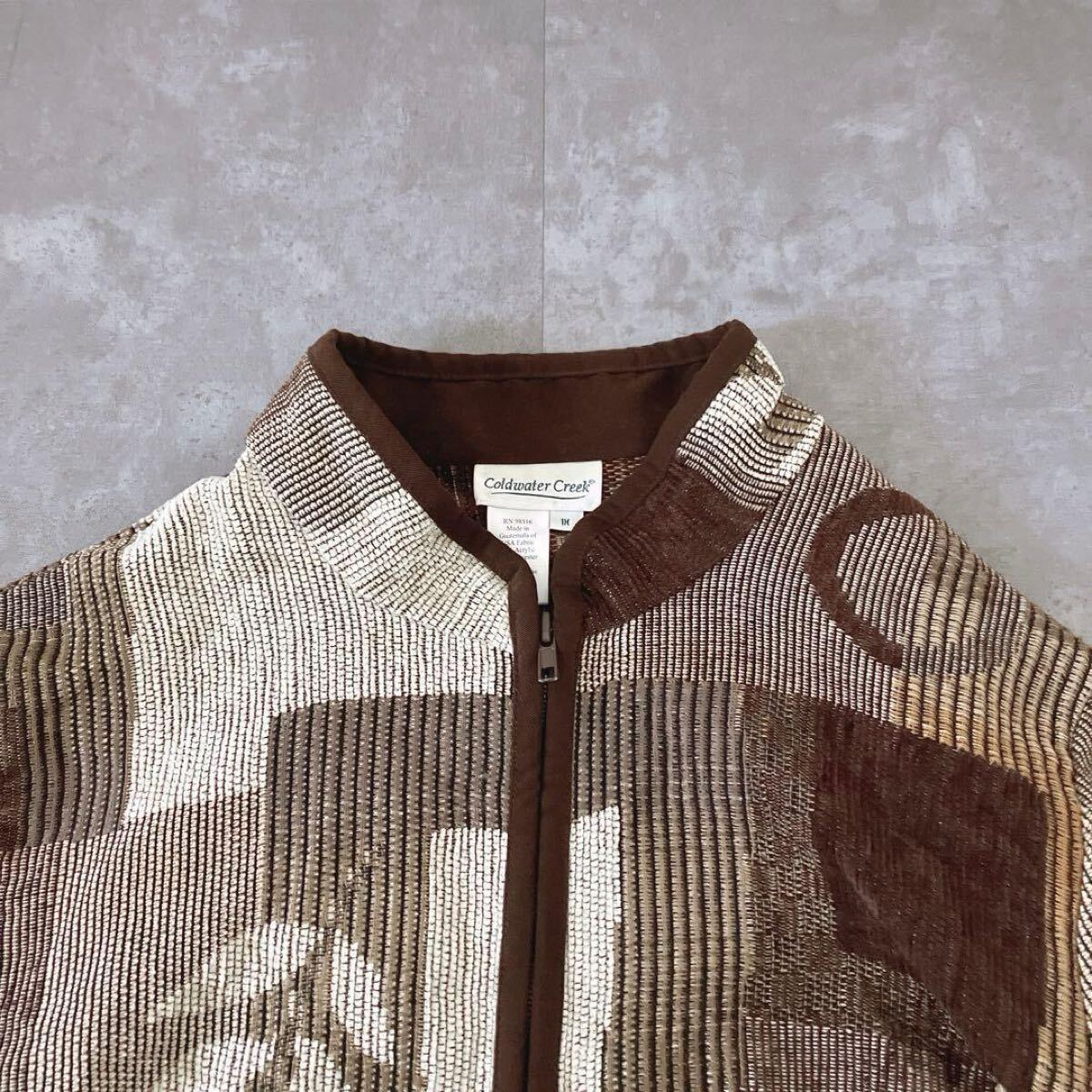 ヴィンテージ ゴブラン ジャケット XL相当 ジップアップ 幾何学 アート柄 ブラウン系 羽織り　ゆったり_画像9