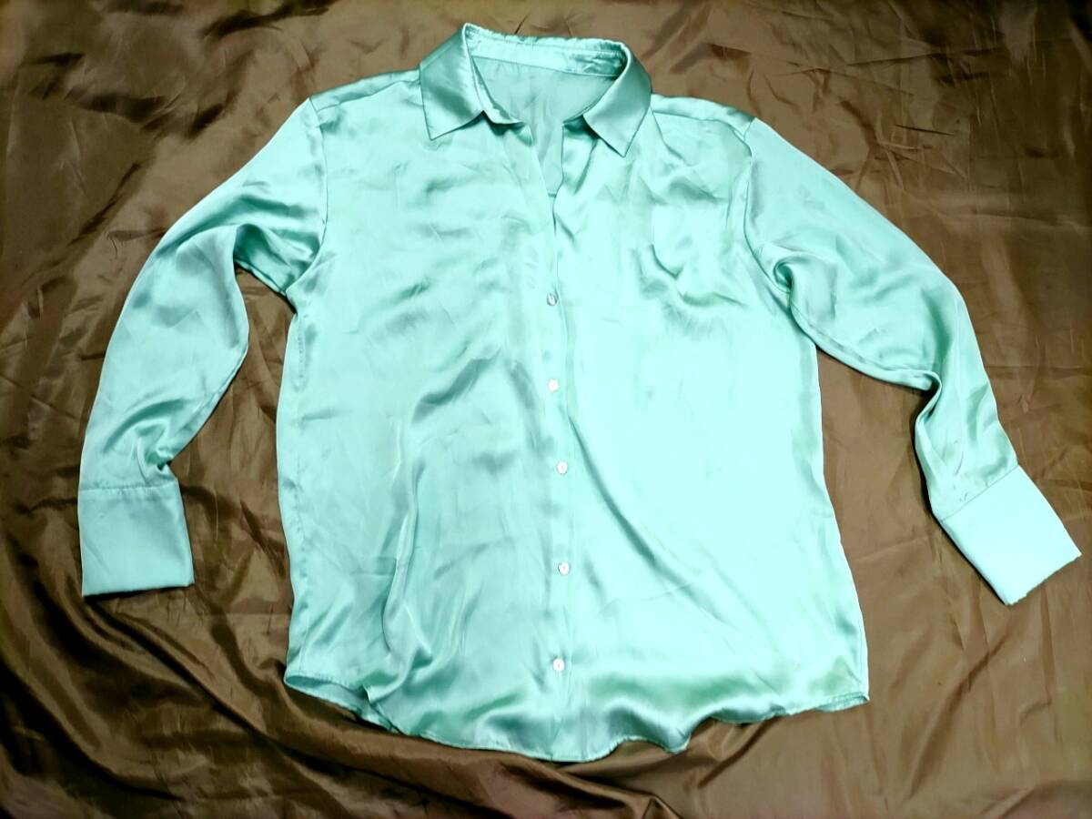 サテンブラウス パステルグリーン ライトグリーン 緑 光沢 ぴかぴか ちゅるんちゅるん とろとろ てろてろ メンズ様 女装_画像2