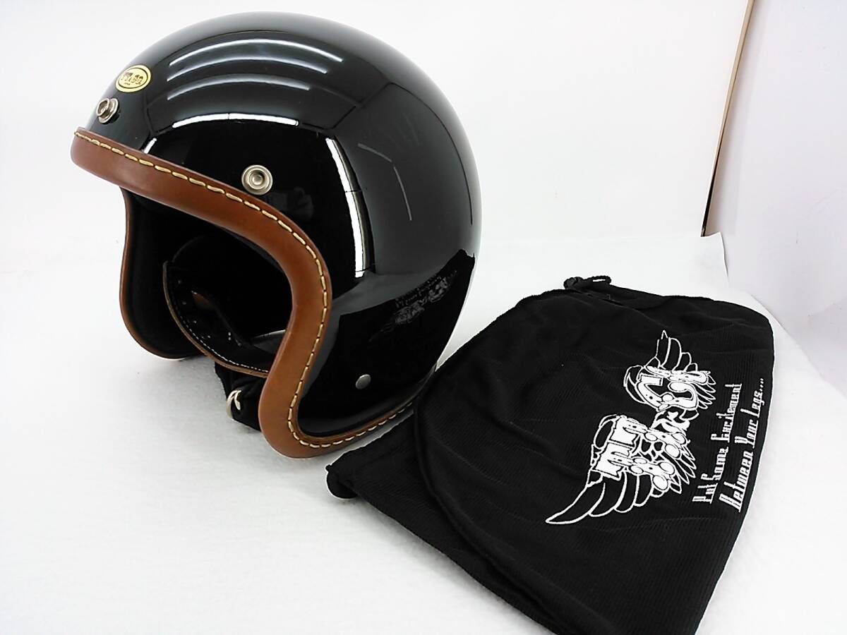 【送料無料】TT&CO スーパーマグナム レザーリムショット ブラック M/L 57-58cm ダブルストラップ ジェットヘルメット_画像1