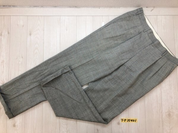(株)水甚 メンズ ウール グレンチェック タック入り スラックスパンツ 91cm グレー青赤_画像1
