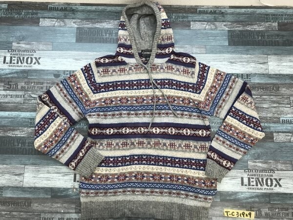 CP-C チャオパニック メンズ ノルディック柄 ウールニット プルパーカー L グレー赤青_画像1