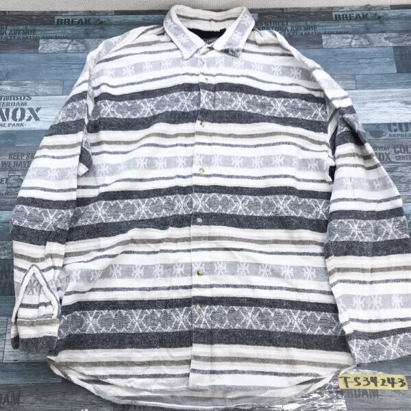 LERROS メンズ コットン100% ボーダー柄 長袖シャツ L 白グレー_画像1