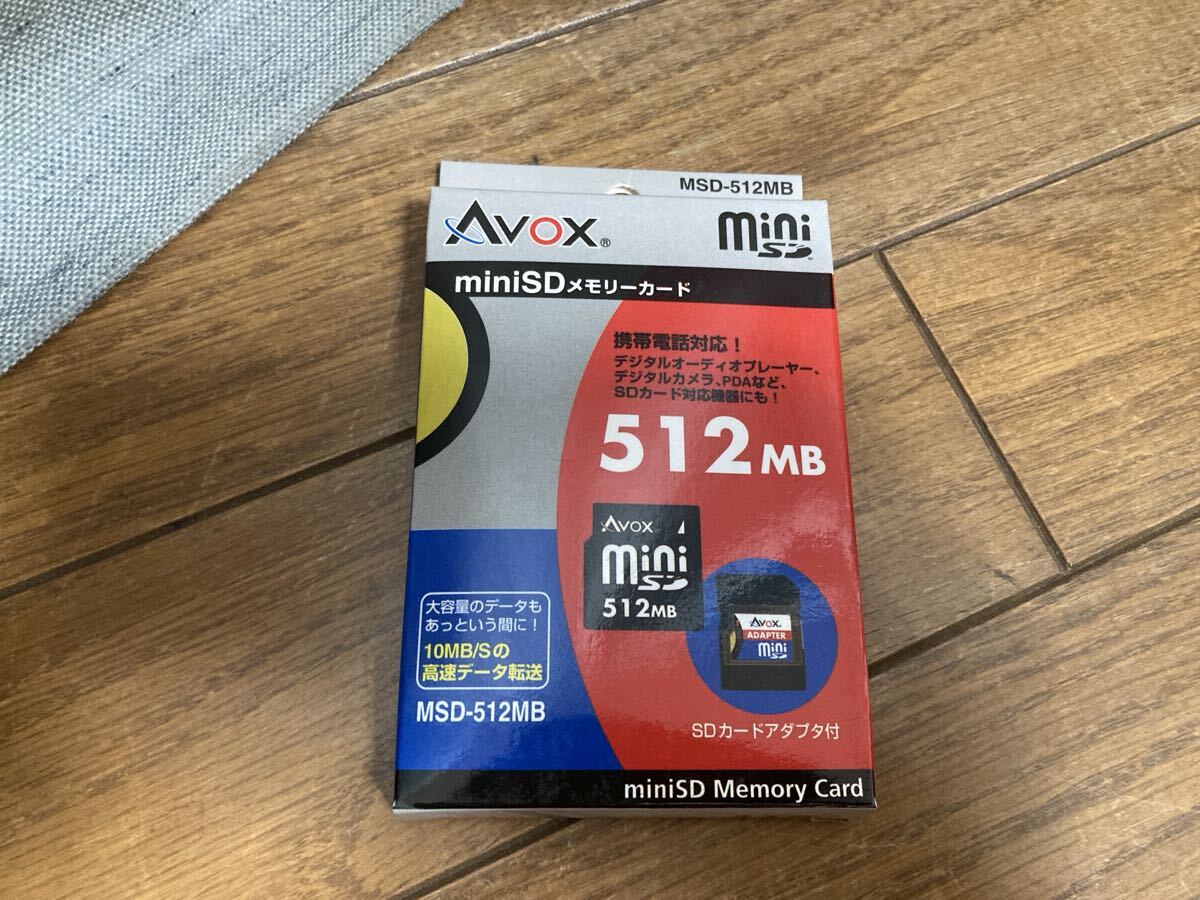 25-0073D AVOX mini SDカード 512MB 未使用 箱保管ヨゴレminiSDアダプター ミニSDカード→SDカード変換アダプタ付き_画像1