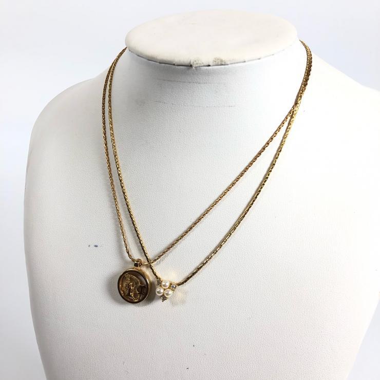 DIOR クリスチャン ディオール ゴールド ネックレス 2点 ロゴ トロッター フェイクパール ストーン アクセサリー レディース 【中古品】_画像1