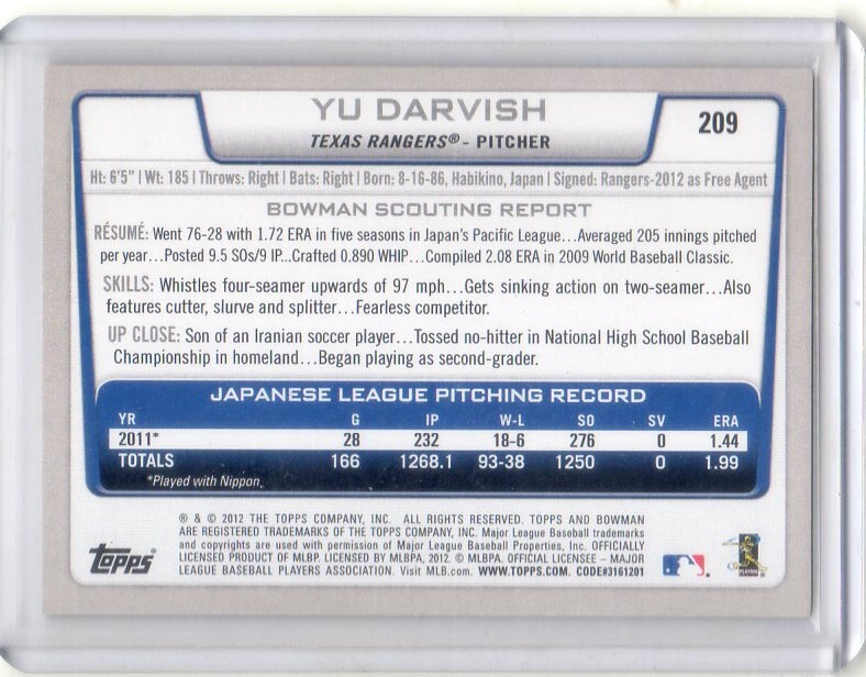 *da рубин shu иметь карта Vol.29 2012BOWMAN GOLD PARALLEL #209 rookie teki подвеска * Ranger z