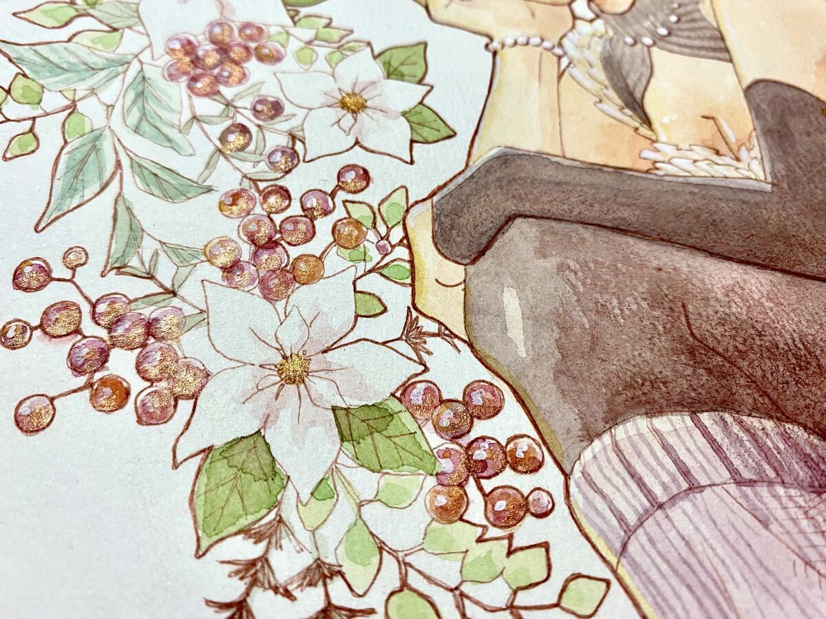 [A4 исходная картина ] ручные иллюстрации акварель девочка оригинал Рождество оборка 