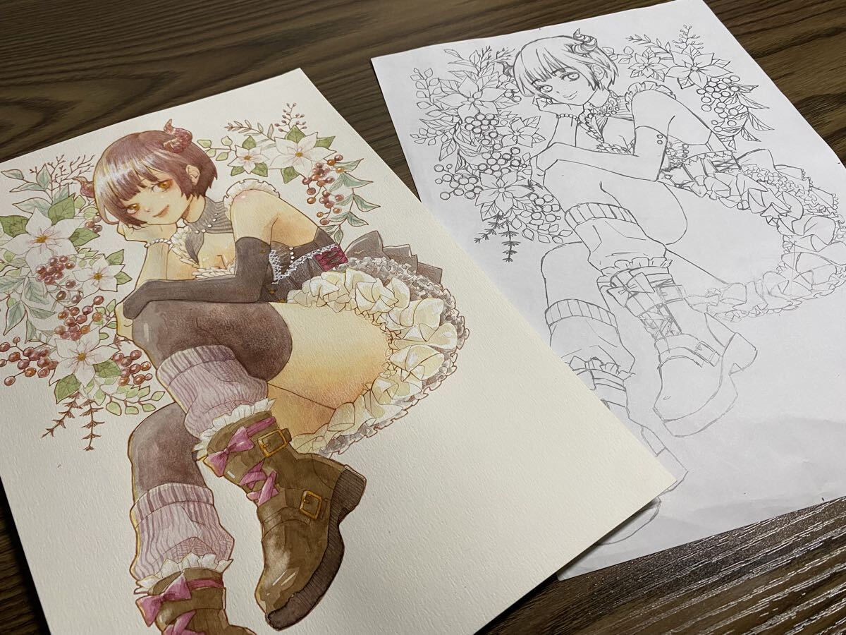 [A4 исходная картина ] ручные иллюстрации акварель девочка оригинал Рождество оборка 